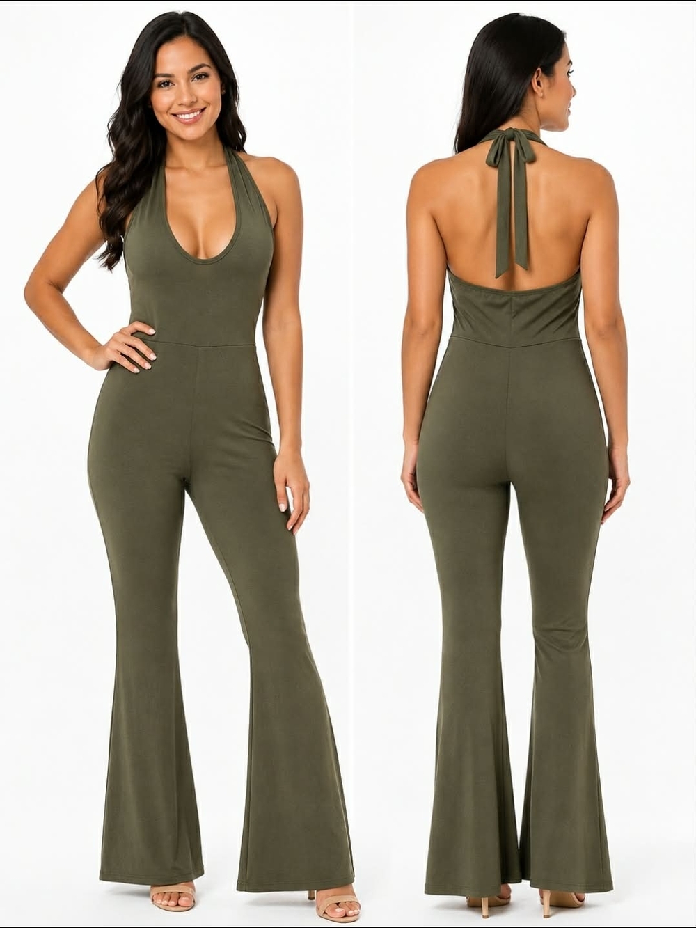 SHEIN Olive Green Halter Flare Jumpsuit
